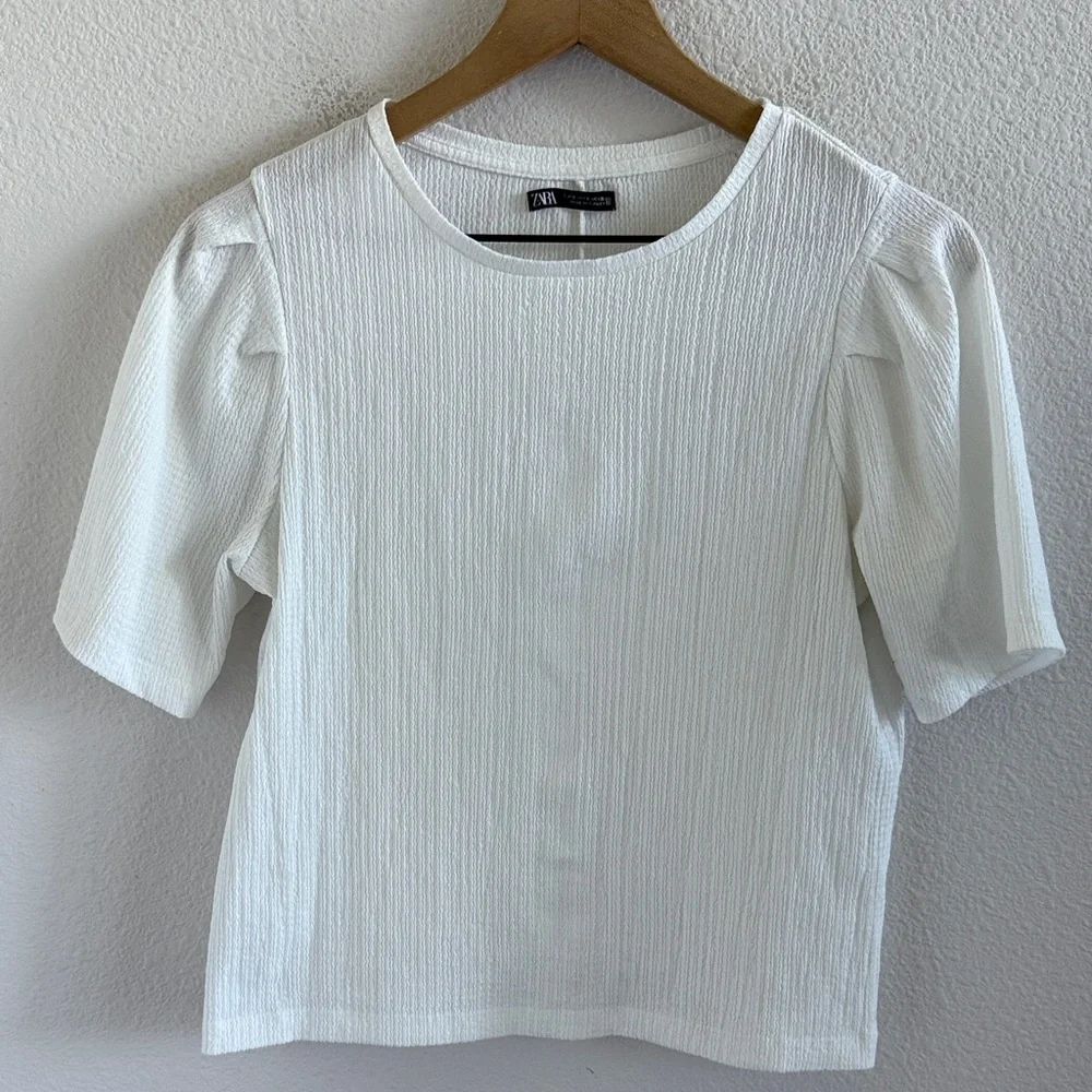 Zara Semi-Sheer White Textured Puff Sleeve Blouse Small